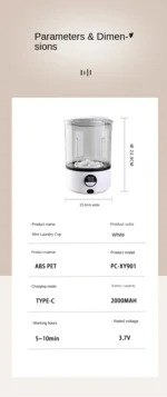 A White 2L Mini Washing Machine, 2000Mah, Fully Automatic Portable Turbine Led Washing Cup and Compact for Children's Clothing, Underwear, Panties, and Socks - Image 15